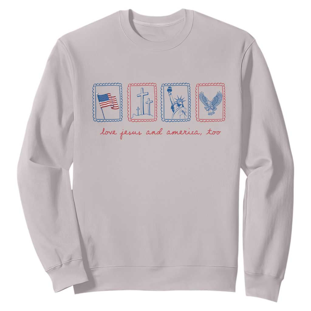 Loves Jesus and America Too Sweatshirt 4th of July Christian TS14 Ice Gray Print Your Wear