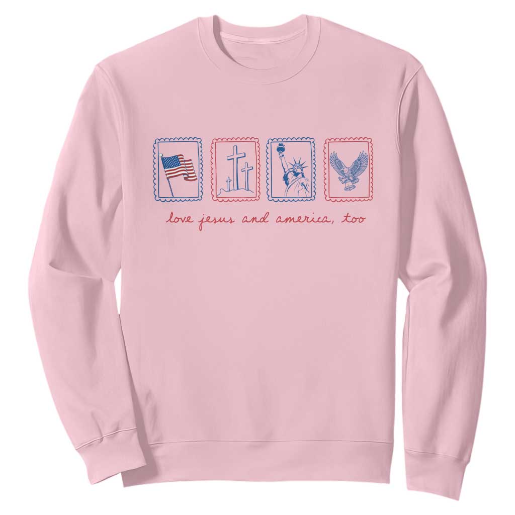 Loves Jesus and America Too Sweatshirt 4th of July Christian TS14 Light Pink Print Your Wear