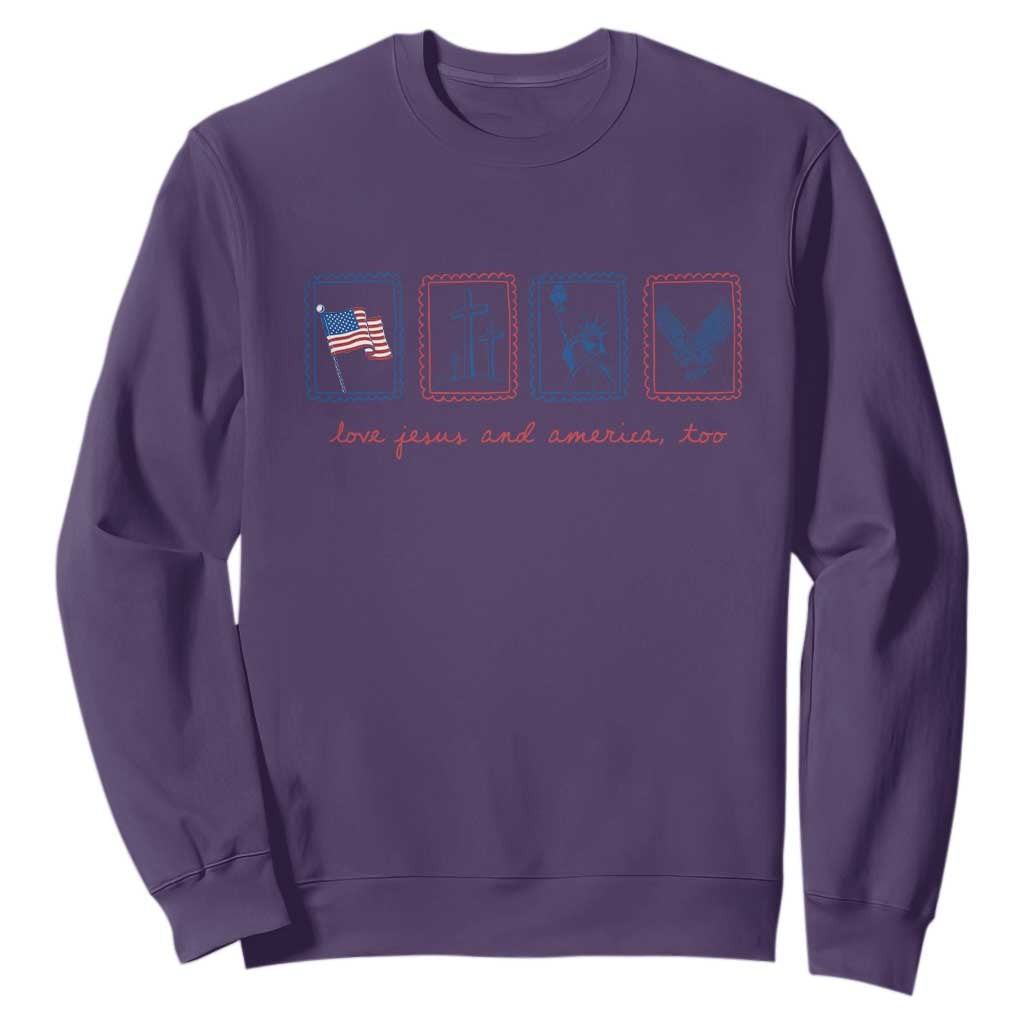 Loves Jesus and America Too Sweatshirt 4th of July Christian TS14 Purple Print Your Wear
