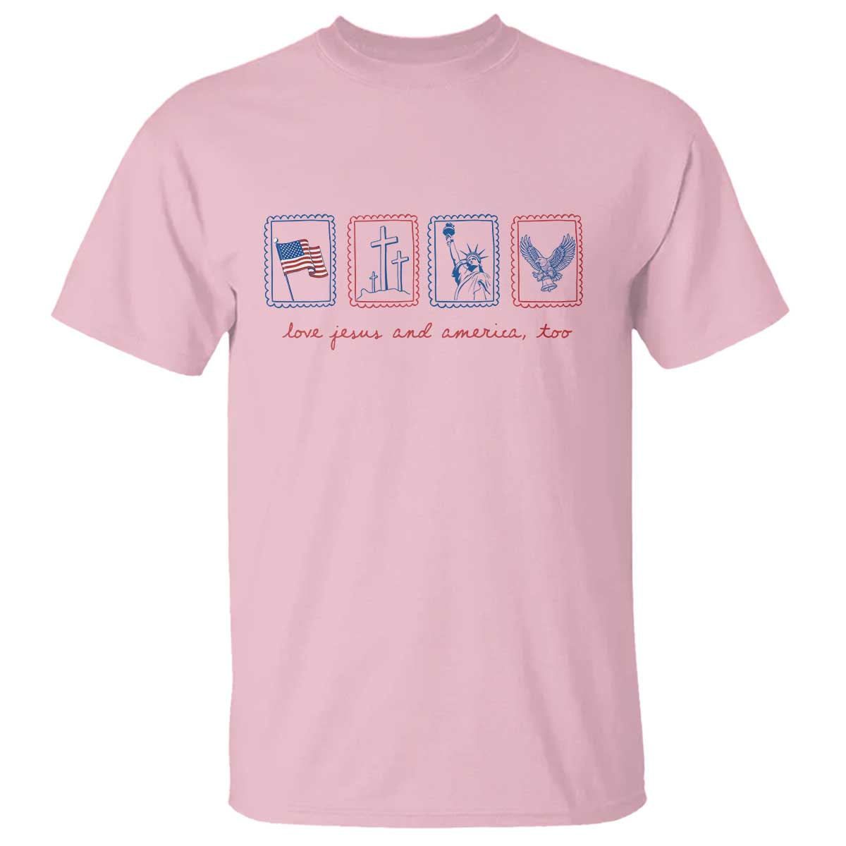 Loves Jesus and America Too T Shirt 4th of July Christian TS14 Light Pink Print Your Wear