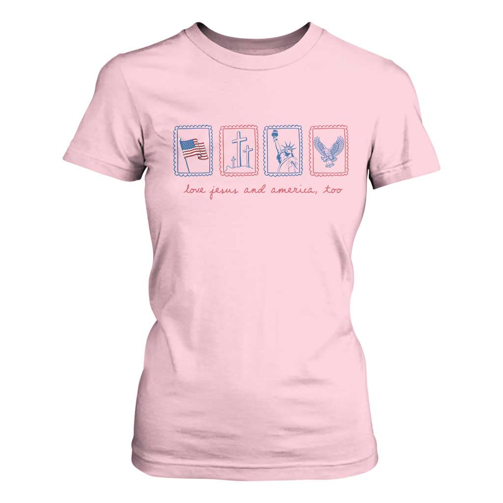 Loves Jesus and America Too T Shirt For Women 4th of July Christian TS14 Light Pink Print Your Wear