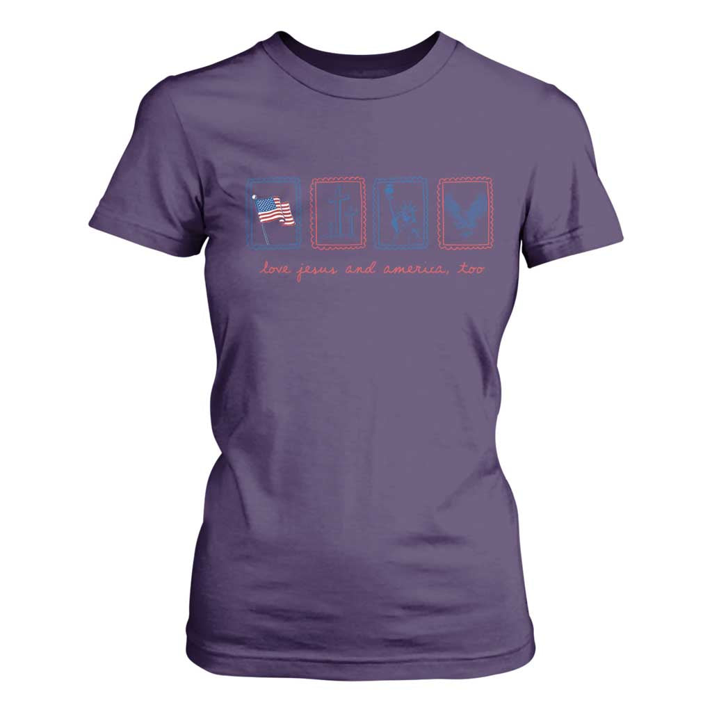 Loves Jesus and America Too T Shirt For Women 4th of July Christian TS14 Purple Print Your Wear