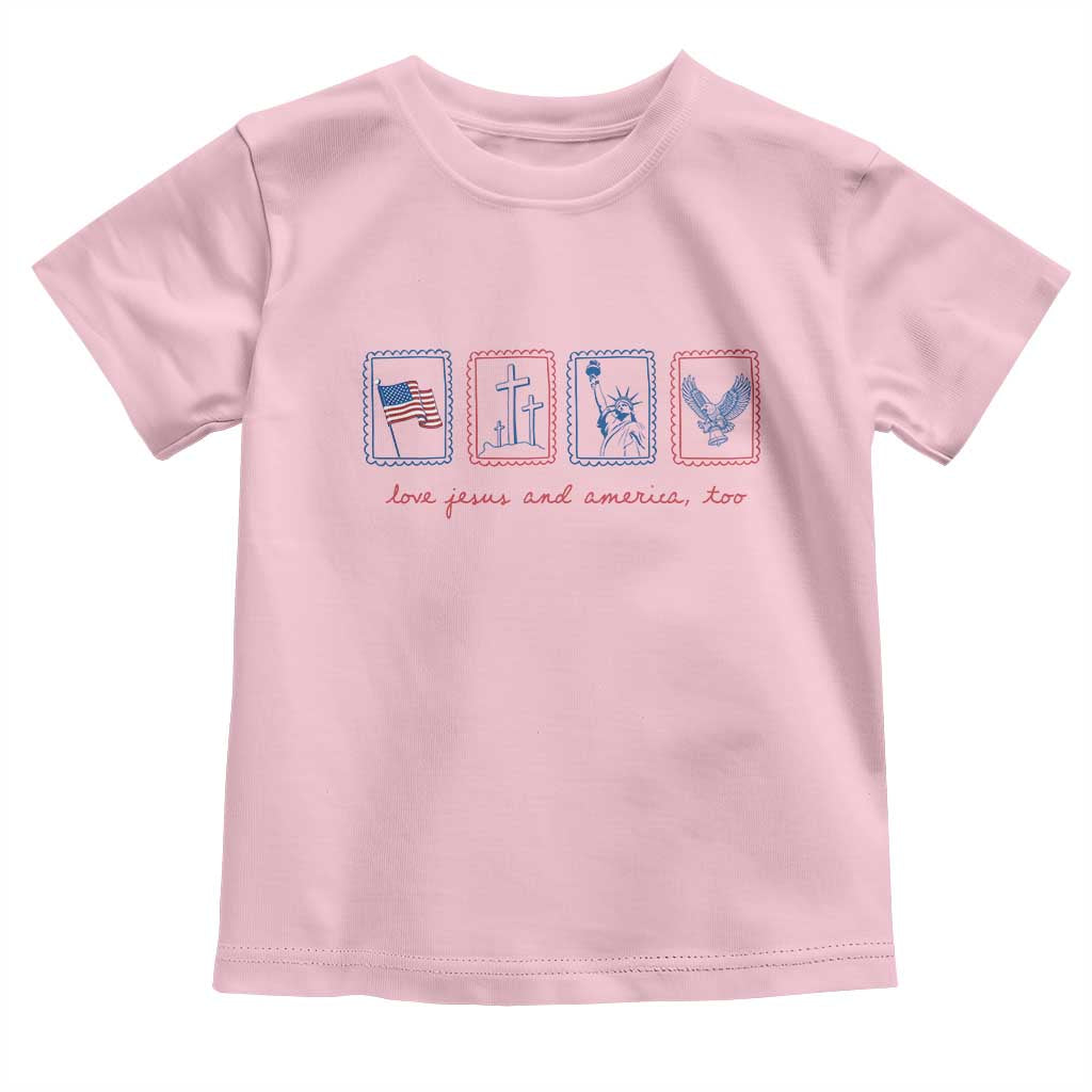 Loves Jesus and America Too Toddler T Shirt 4th of July Christian TS14 Light Pink Print Your Wear
