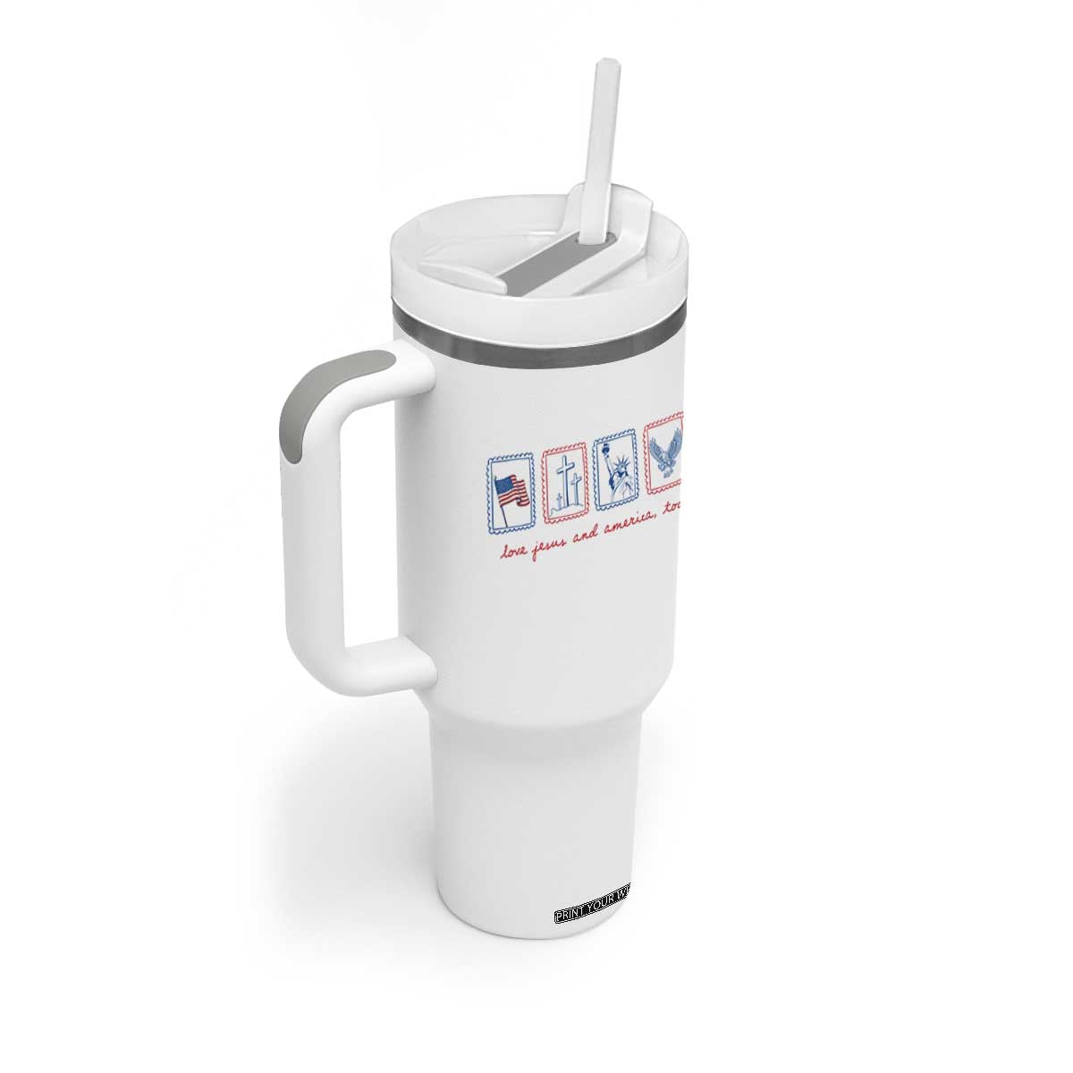 Loves Jesus and America Too Tumbler With Handle 4th of July Christian TS14 Print Your Wear