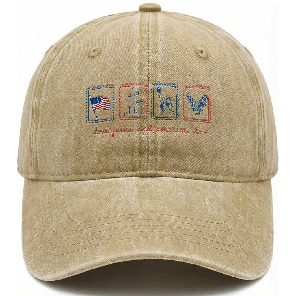 Loves Jesus and America Too Washed Cotton Baseball Cap 4th of July Christian
