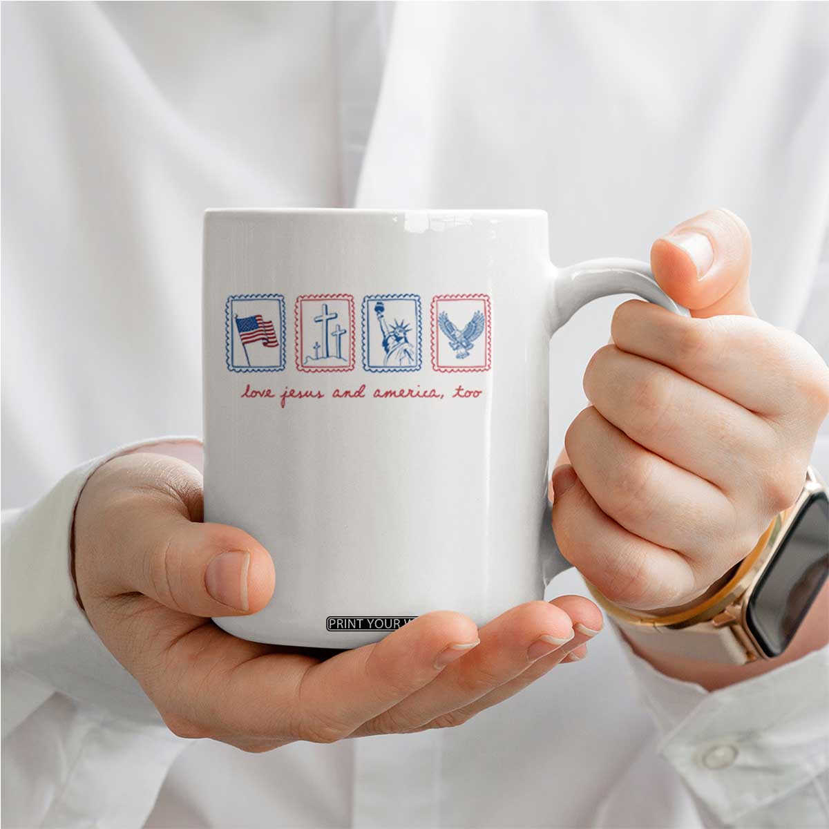 Loves Jesus and America Too Coffee Mug 4th of July Christian TS14 Print Your Wear