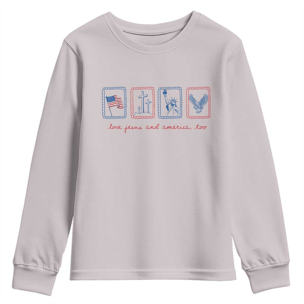 Loves Jesus and America Too Youth Sweatshirt 4th of July Christian TS14 Ice Gray Print Your Wear