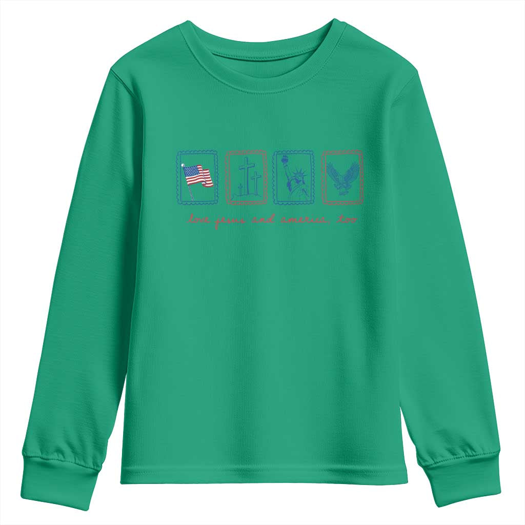 Loves Jesus and America Too Youth Sweatshirt 4th of July Christian TS14 Irish Green Print Your Wear