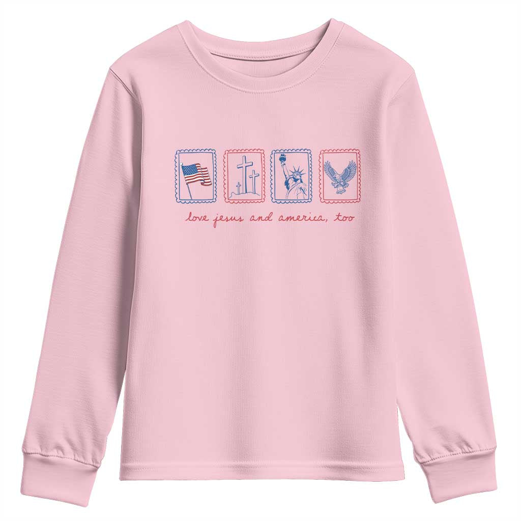 Loves Jesus and America Too Youth Sweatshirt 4th of July Christian TS14 Light Pink Print Your Wear