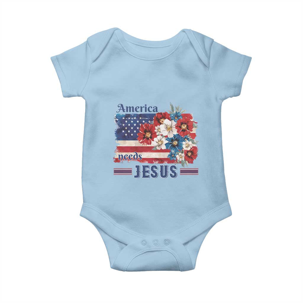 America Needs Jesus Baby Onesie Christian Floral US Flag 4th of July TS14 Light Blue Print Your Wear