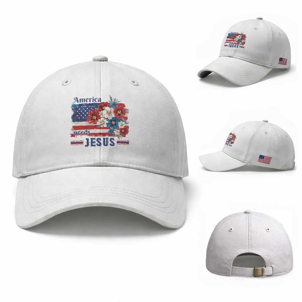 America Needs Jesus Baseball Cap Christian Floral US Flag 4th of July TS14 Baseball Cap Universal Fit White Print Your Wear