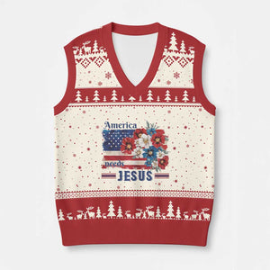America Needs Jesus V-Neck Knit Sweater Vest Christian Floral US Flag 4th of July TS14 Beige Red Print Your Wear