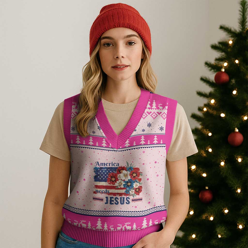 America Needs Jesus V-Neck Knit Sweater Vest Christian Floral US Flag 4th of July TS14 Hot Pink Print Your Wear