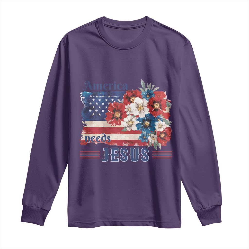 America Needs Jesus Long Sleeve Shirt Christian Floral US Flag 4th of July TS14 Purple Print Your Wear
