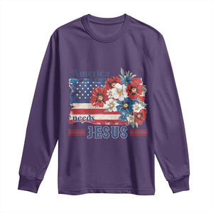 America Needs Jesus Long Sleeve Shirt Christian Floral US Flag 4th of July TS14 Purple Print Your Wear