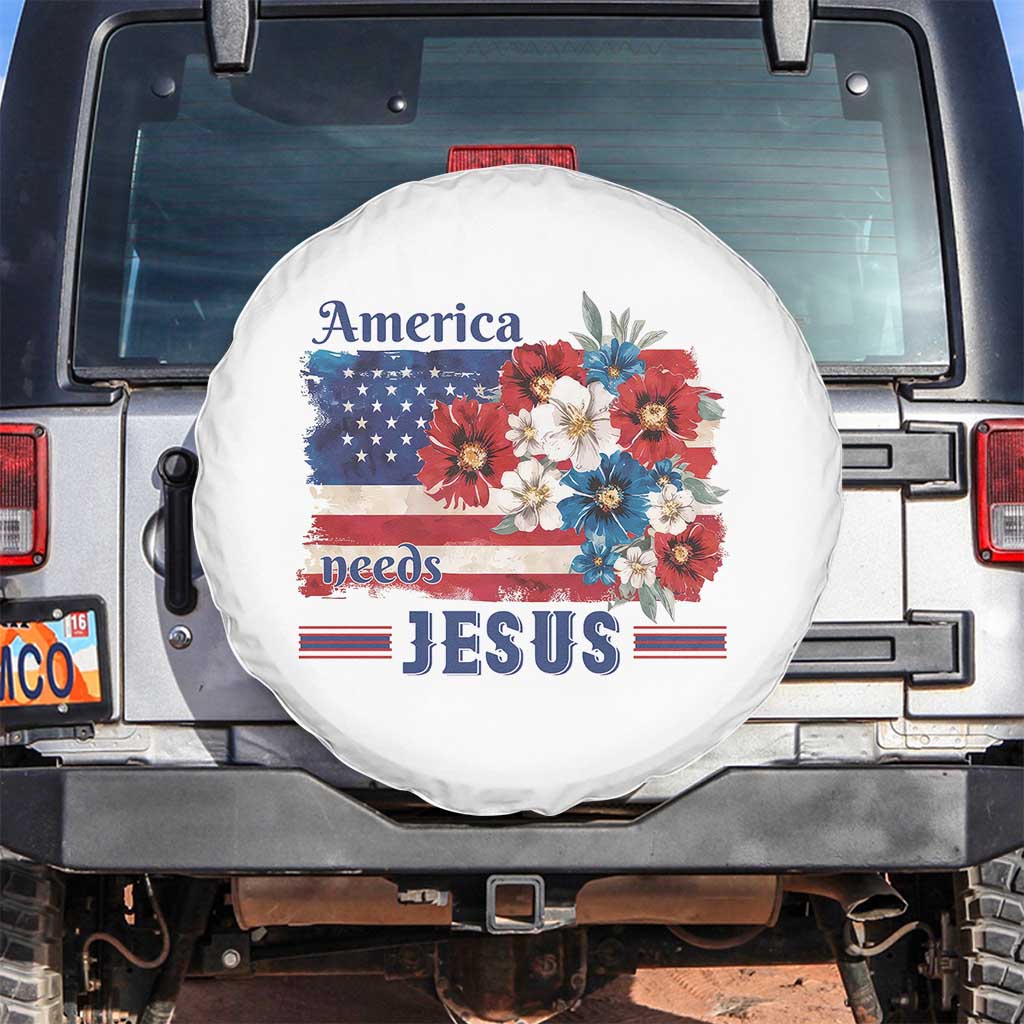 America Needs Jesus Spare Tire Cover Christian Floral US Flag 4th of July TS14 No hole White Print Your Wear