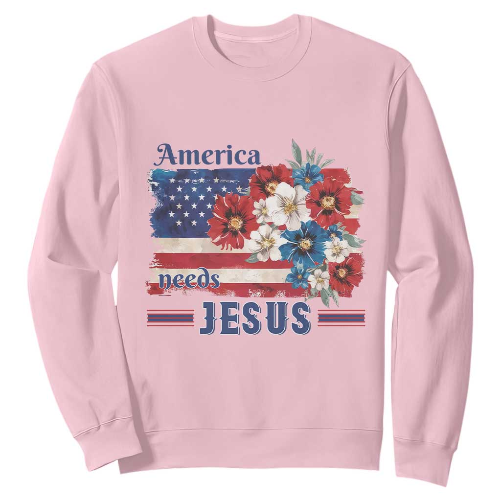 America Needs Jesus Sweatshirt Christian Floral US Flag 4th of July TS14 Light Pink Print Your Wear