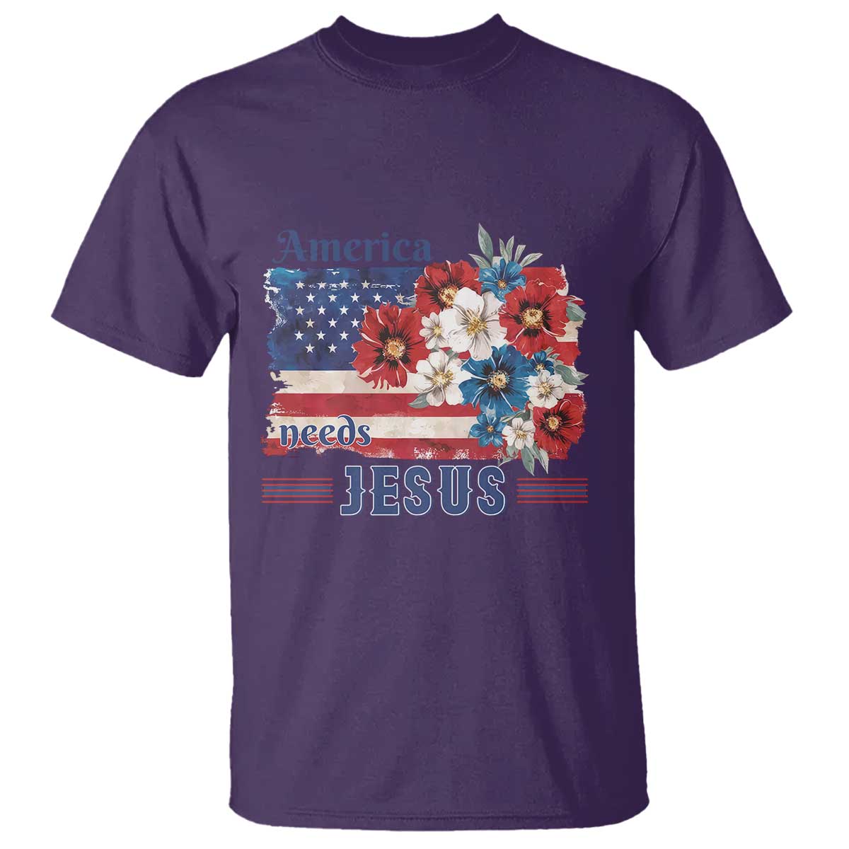 America Needs Jesus T Shirt Christian Floral US Flag 4th of July TS14 Purple Print Your Wear
