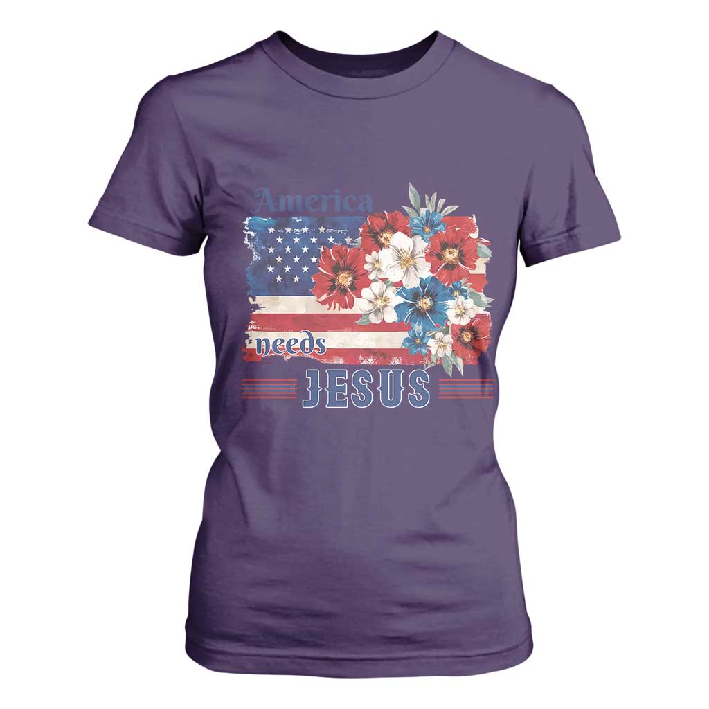 America Needs Jesus T Shirt For Women Christian Floral US Flag 4th of July TS14 Purple Print Your Wear