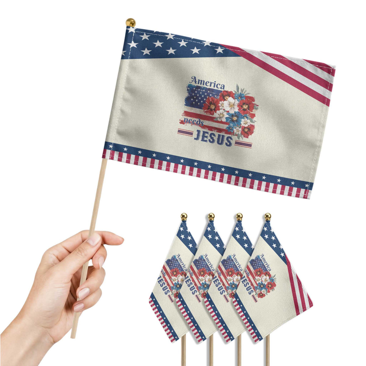 America Needs Jesus Patriotic Handheld Flag Christian Floral US Flag 4th of July TS14 Print Your Wear