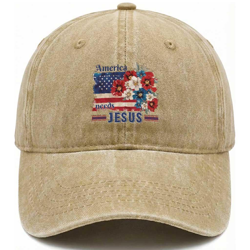 America Needs Jesus Washed Cotton Baseball Cap Christian Floral US Flag 4th of July