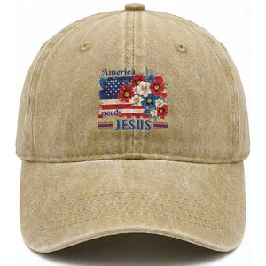 America Needs Jesus Washed Cotton Baseball Cap Christian Floral US Flag 4th of July