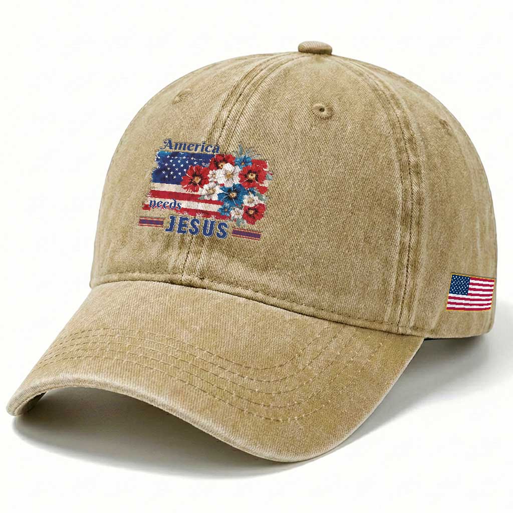 America Needs Jesus Washed Cotton Baseball Cap Christian Floral US Flag 4th of July