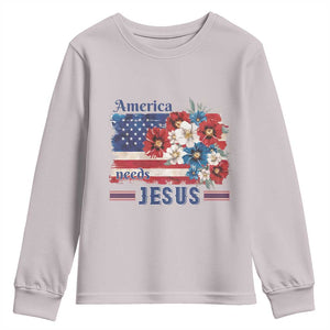 America Needs Jesus Youth Sweatshirt Christian Floral US Flag 4th of July TS14 Ice Gray Print Your Wear