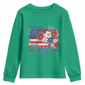 America Needs Jesus Youth Sweatshirt Christian Floral US Flag 4th of July TS14 Irish Green Print Your Wear