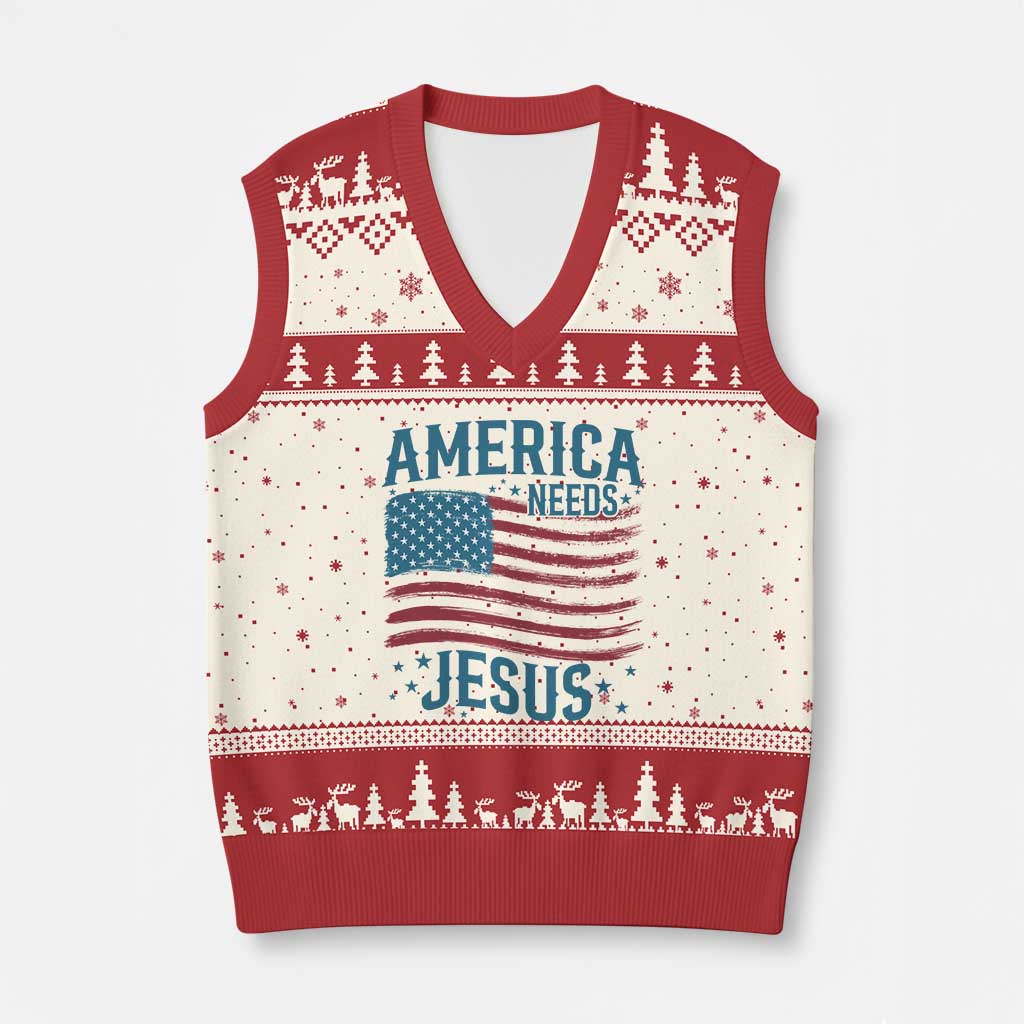 America Needs Jesus V-Neck Knit Sweater Vest 4th of July Christian TS14 Beige Red Print Your Wear