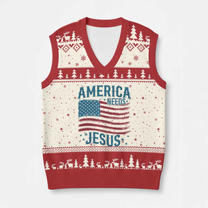 America Needs Jesus V-Neck Knit Sweater Vest 4th of July Christian TS14 Beige Red Print Your Wear