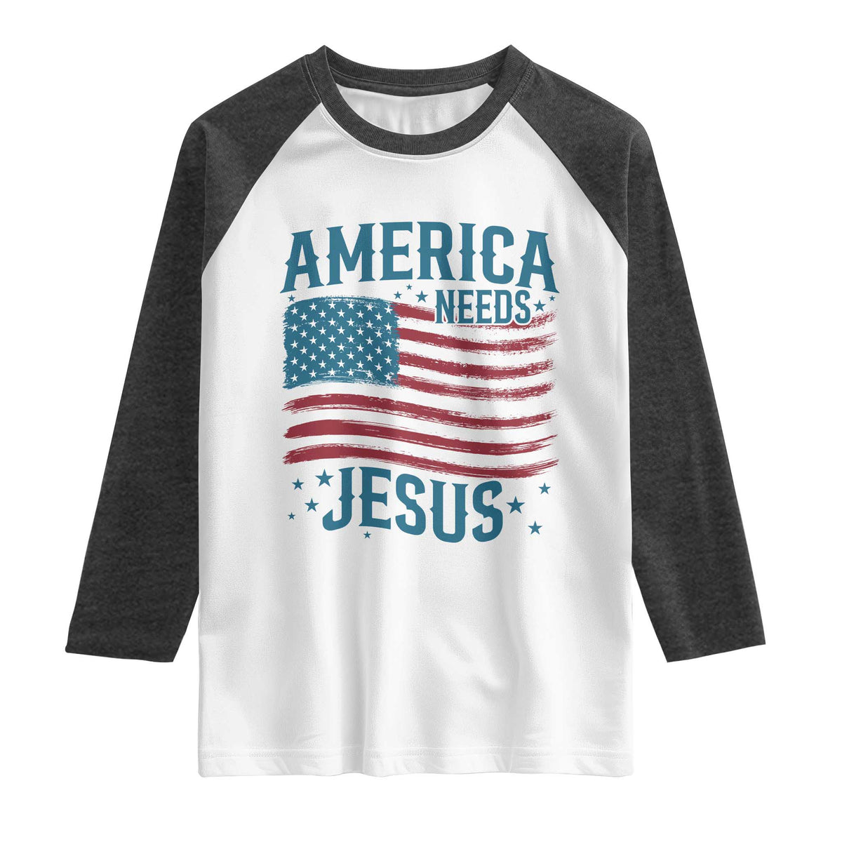 America Needs Jesus Raglan Shirt 4th of July Christian TS14 White Heather Charcoal Print Your Wear