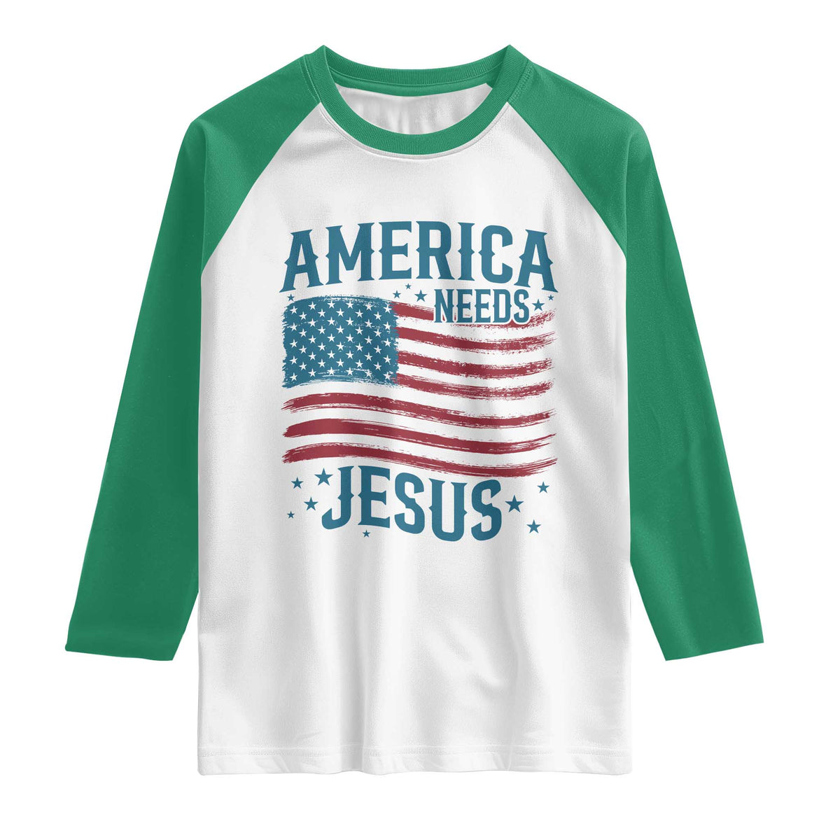 America Needs Jesus Raglan Shirt 4th of July Christian TS14 White Kelly Green Print Your Wear