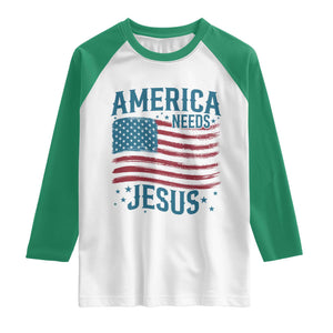 America Needs Jesus Raglan Shirt 4th of July Christian TS14 White Kelly Green Print Your Wear