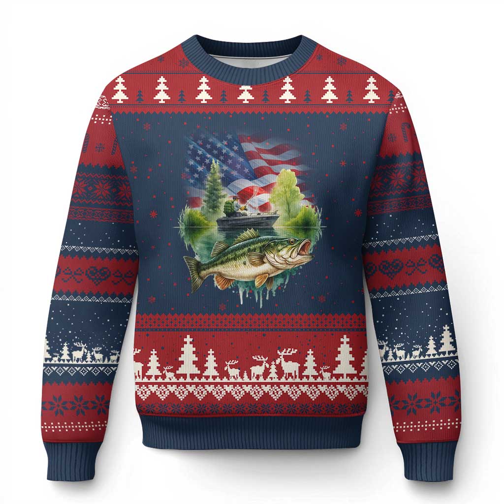 Bass Fishing Patriotic American Flag Ugly Christmas Sweater TS14 Navy Red Print Your Wear
