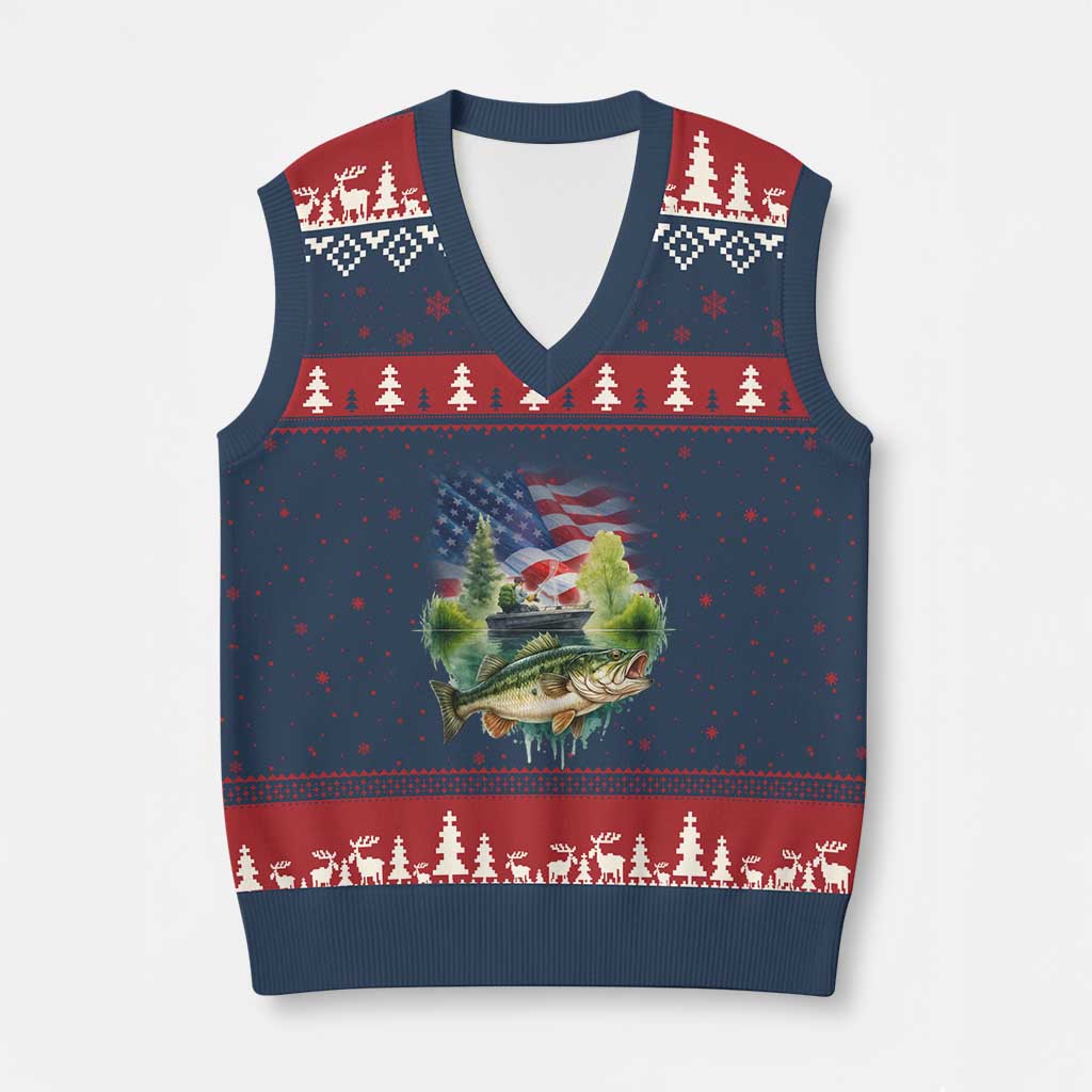 Bass Fishing Patriotic American Flag V-Neck Knit Sweater Vest TS14 Navy Red Print Your Wear