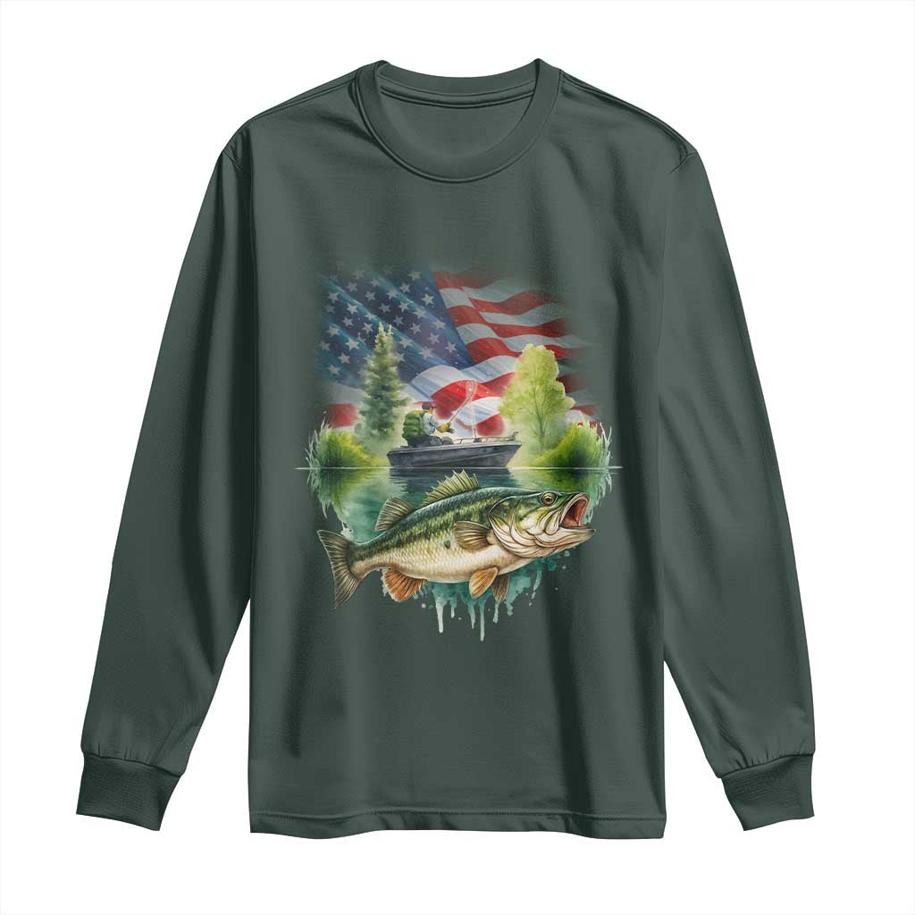 Bass Fishing Patriotic American Flag Long Sleeve Shirt TS14 Dark Forest Green Print Your Wear