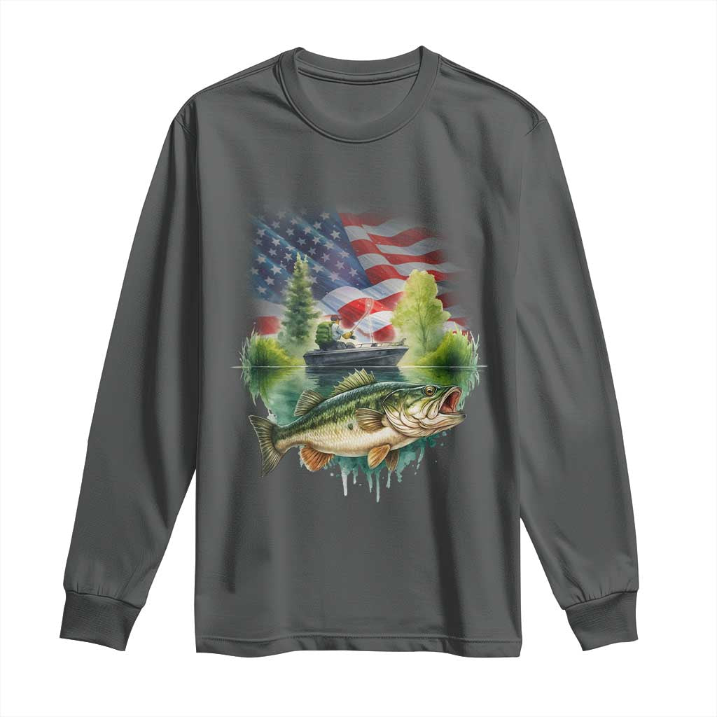 Bass Fishing Patriotic American Flag Long Sleeve Shirt TS14 Dark Heather Print Your Wear