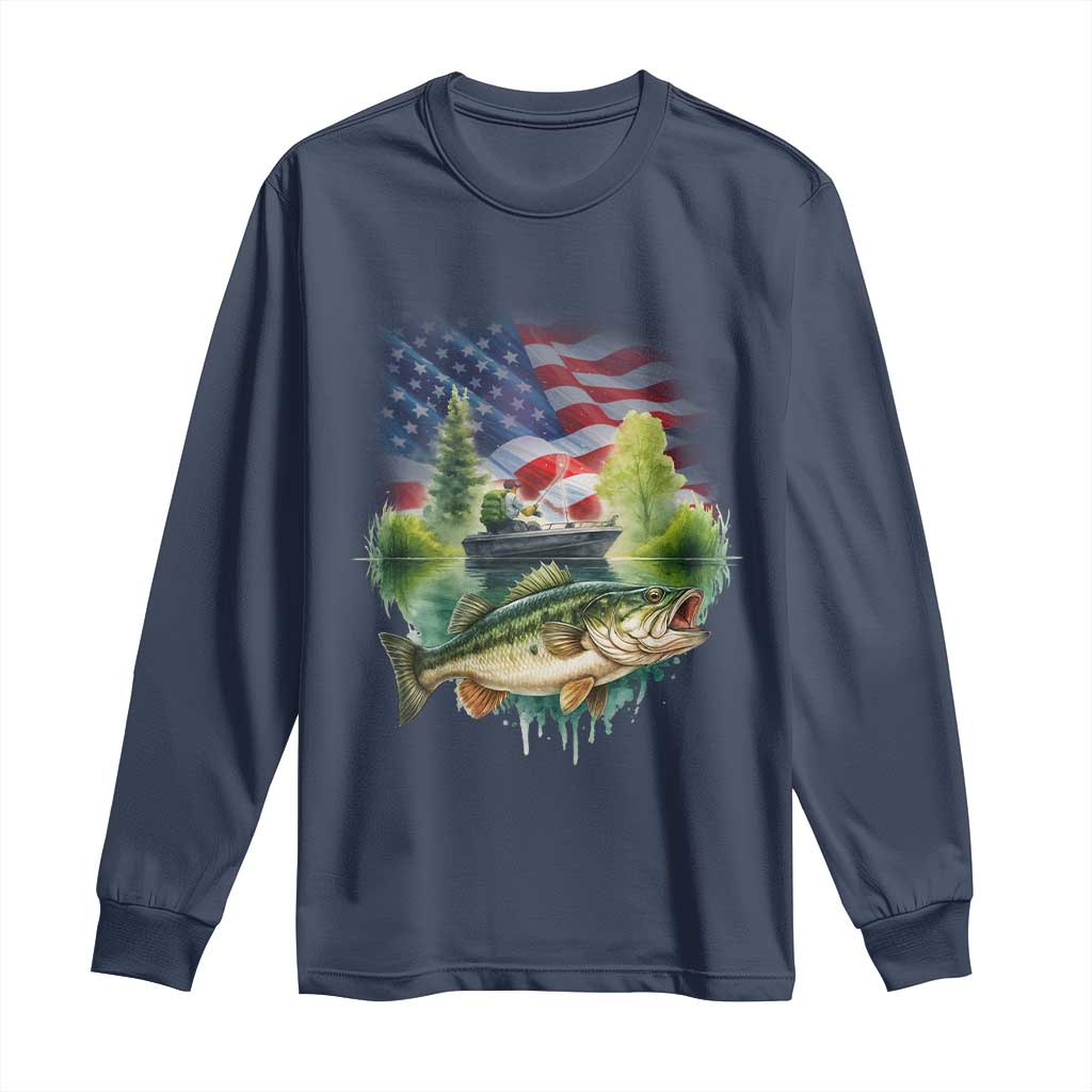 Bass Fishing Patriotic American Flag Long Sleeve Shirt TS14 Navy Print Your Wear