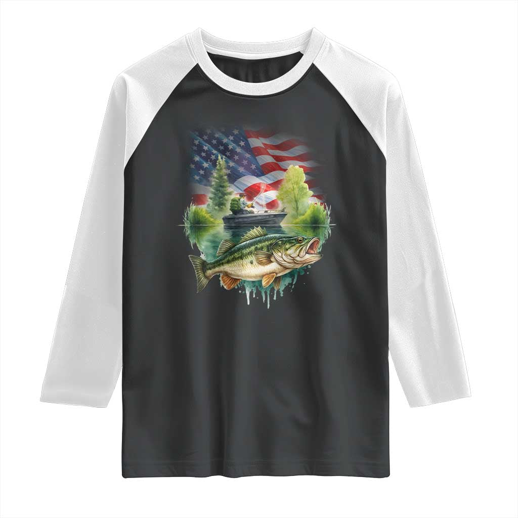 Bass Fishing Patriotic American Flag Raglan Shirt TS14 Black White Print Your Wear
