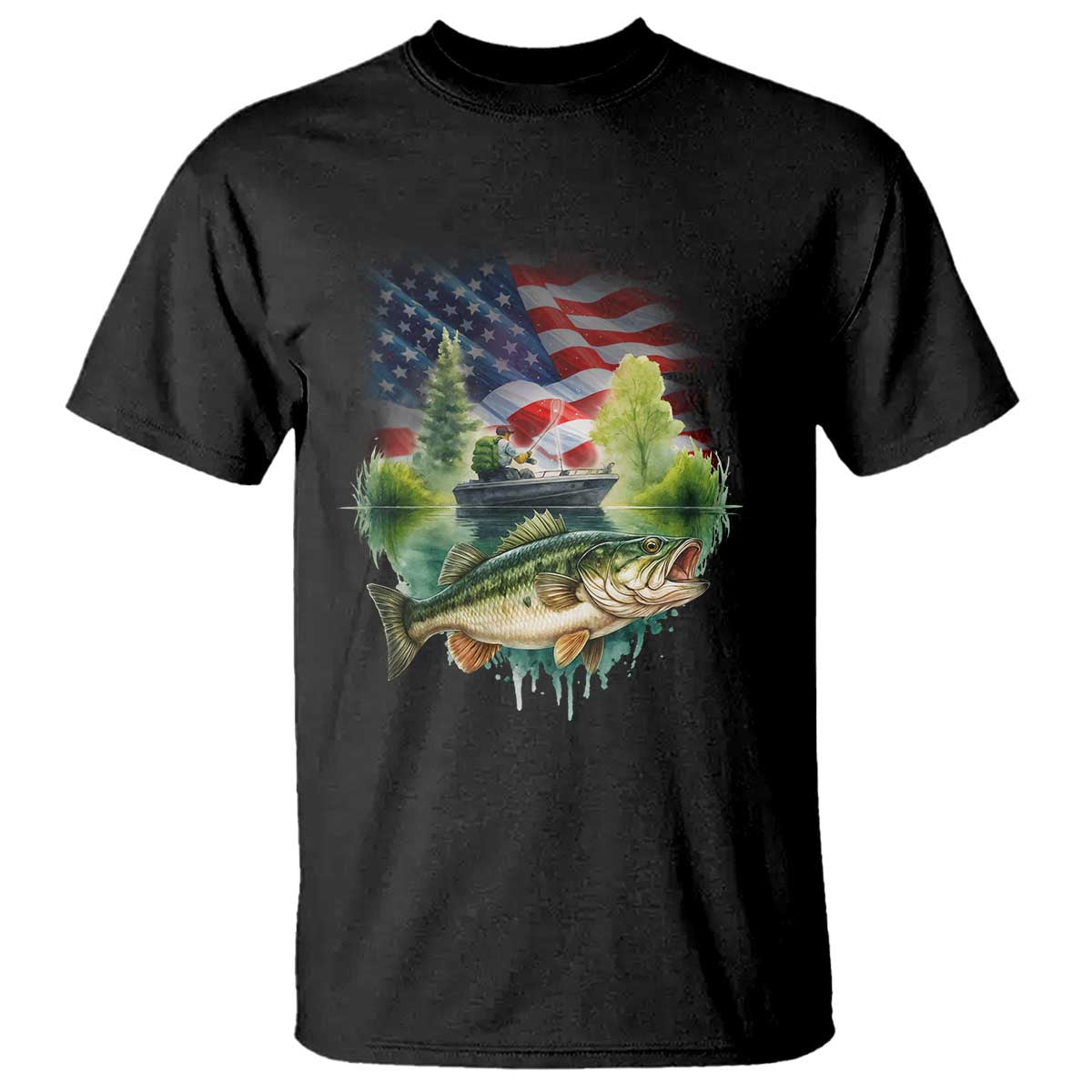 Bass Fishing Patriotic American Flag T Shirt TS14 Black Print Your Wear