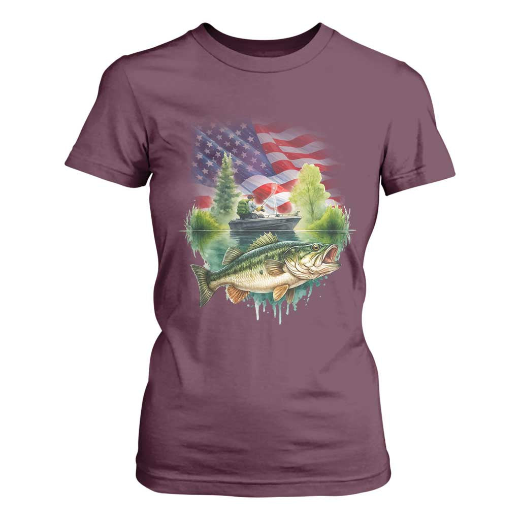Bass Fishing Patriotic American Flag T Shirt For Women TS14 Maroon Print Your Wear