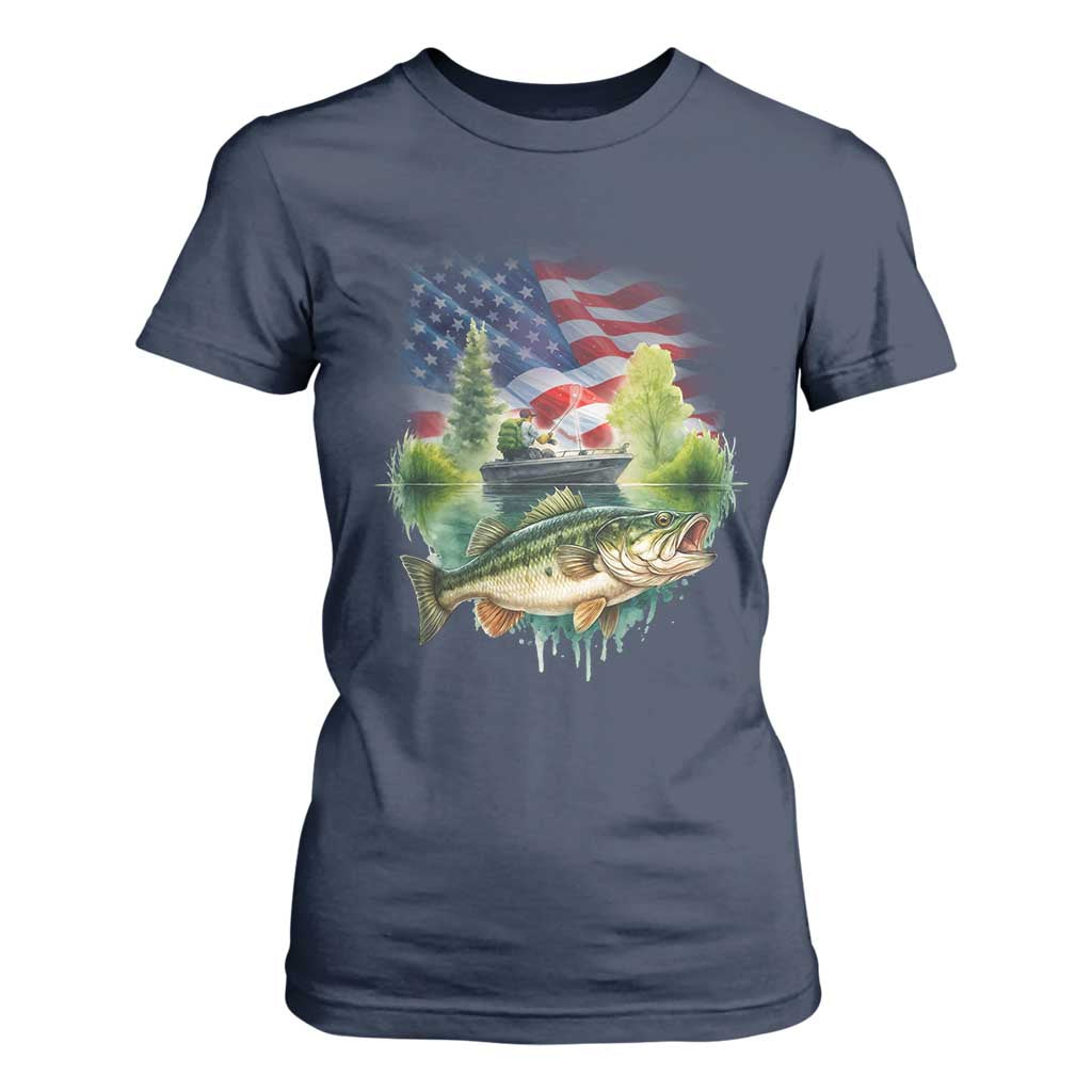 Bass Fishing Patriotic American Flag T Shirt For Women TS14 Navy Print Your Wear