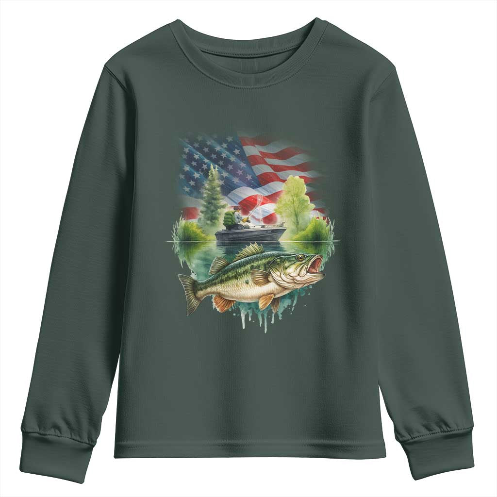 Bass Fishing Patriotic American Flag Youth Sweatshirt TS14 Dark Forest Green Print Your Wear