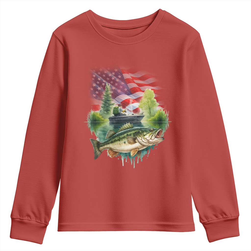 Bass Fishing Patriotic American Flag Youth Sweatshirt TS14 Red Print Your Wear