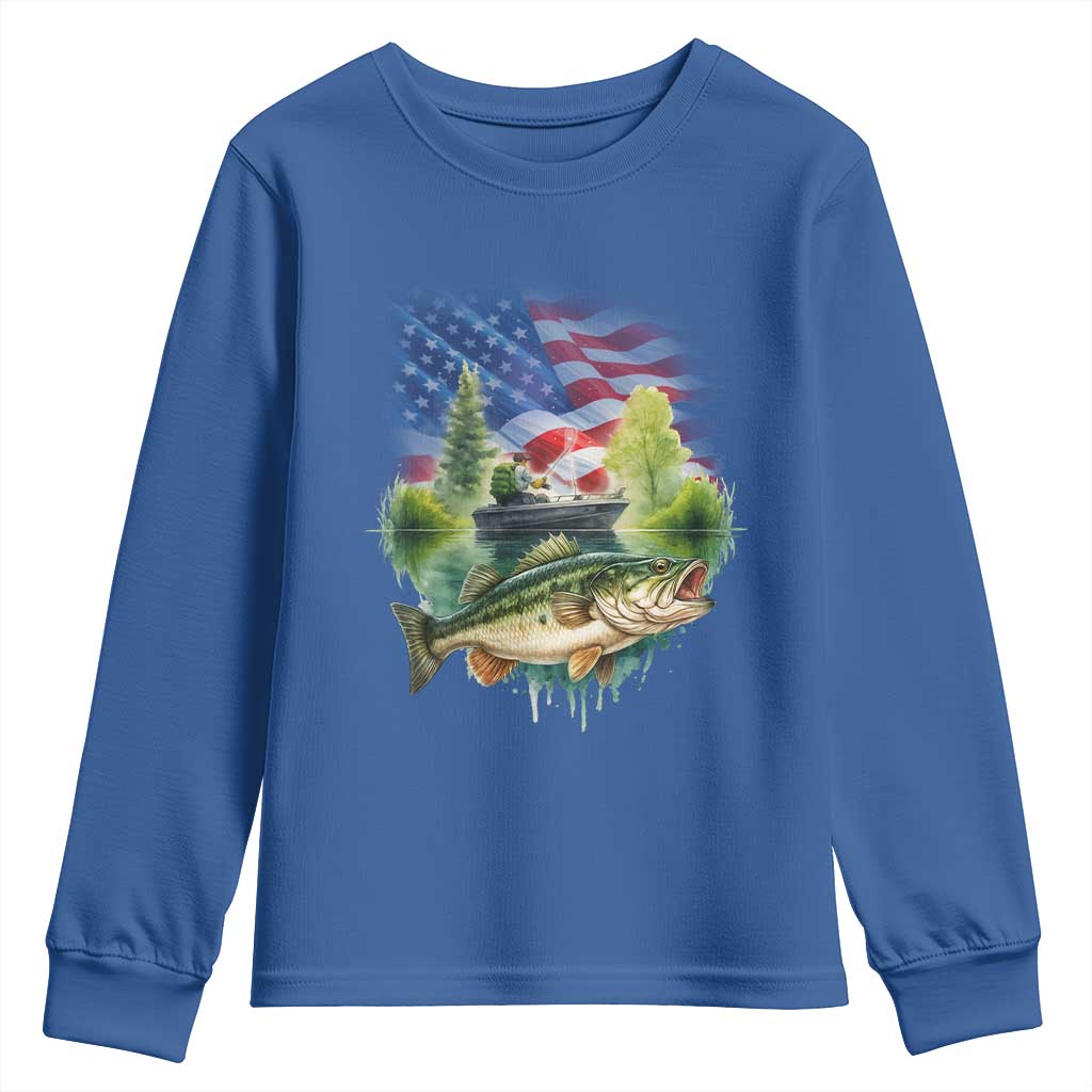 Bass Fishing Patriotic American Flag Youth Sweatshirt TS14 Royal Blue Print Your Wear