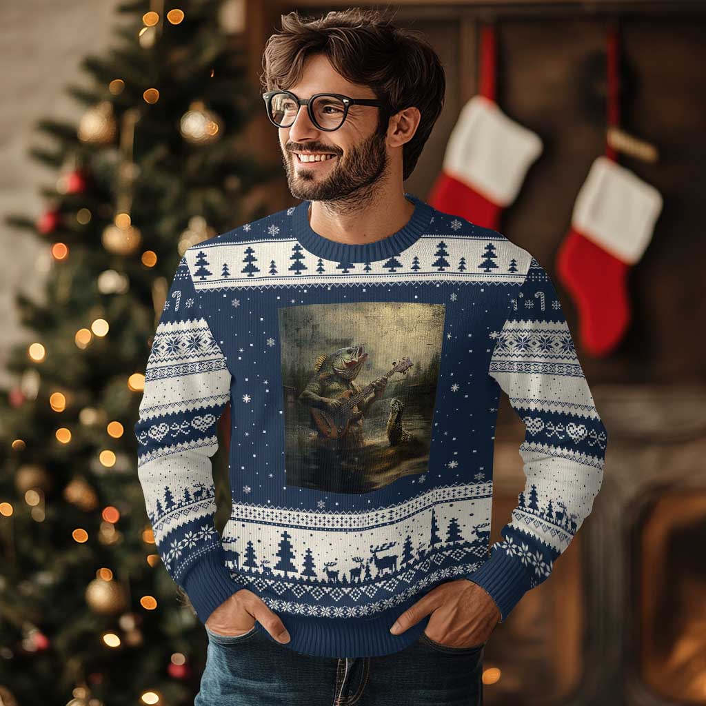 Weird Bass Fish Playing Bass Guitar Ugly Christmas Sweater Funny Cursed Meme TS14 Navy Beige Print Your Wear