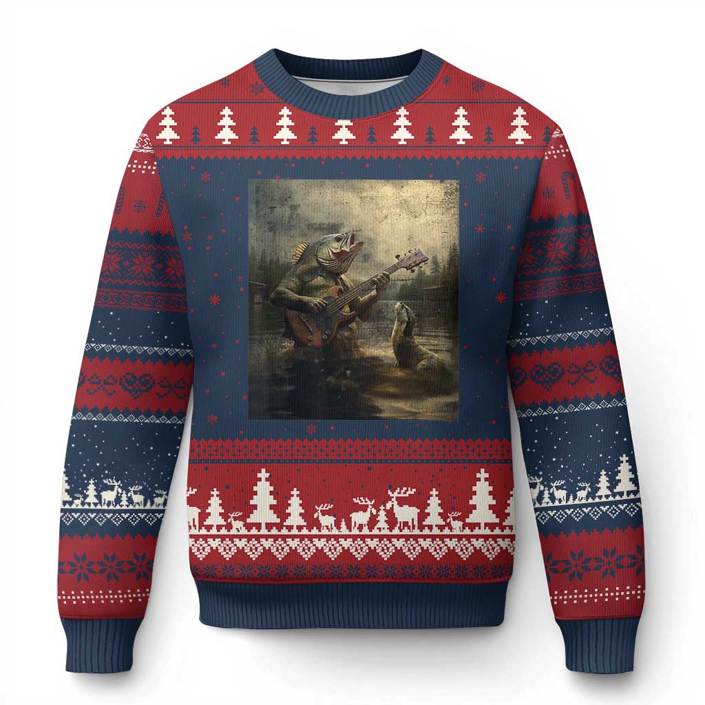 Weird Bass Fish Playing Bass Guitar Ugly Christmas Sweater Funny Cursed Meme TS14 Navy Red Print Your Wear