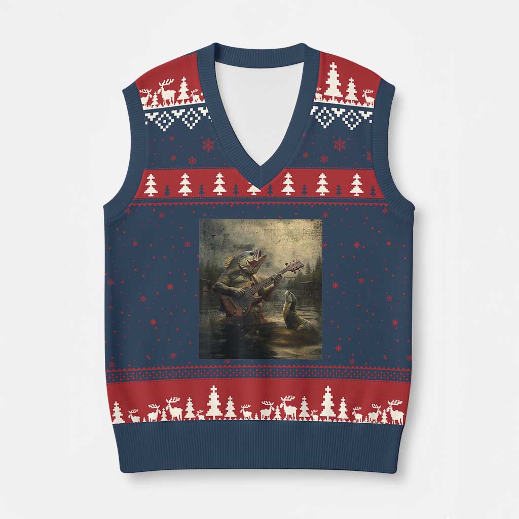 Weird Bass Fish Playing Bass Guitar V-Neck Knit Sweater Vest Funny Cursed Meme TS14 Navy Red Print Your Wear