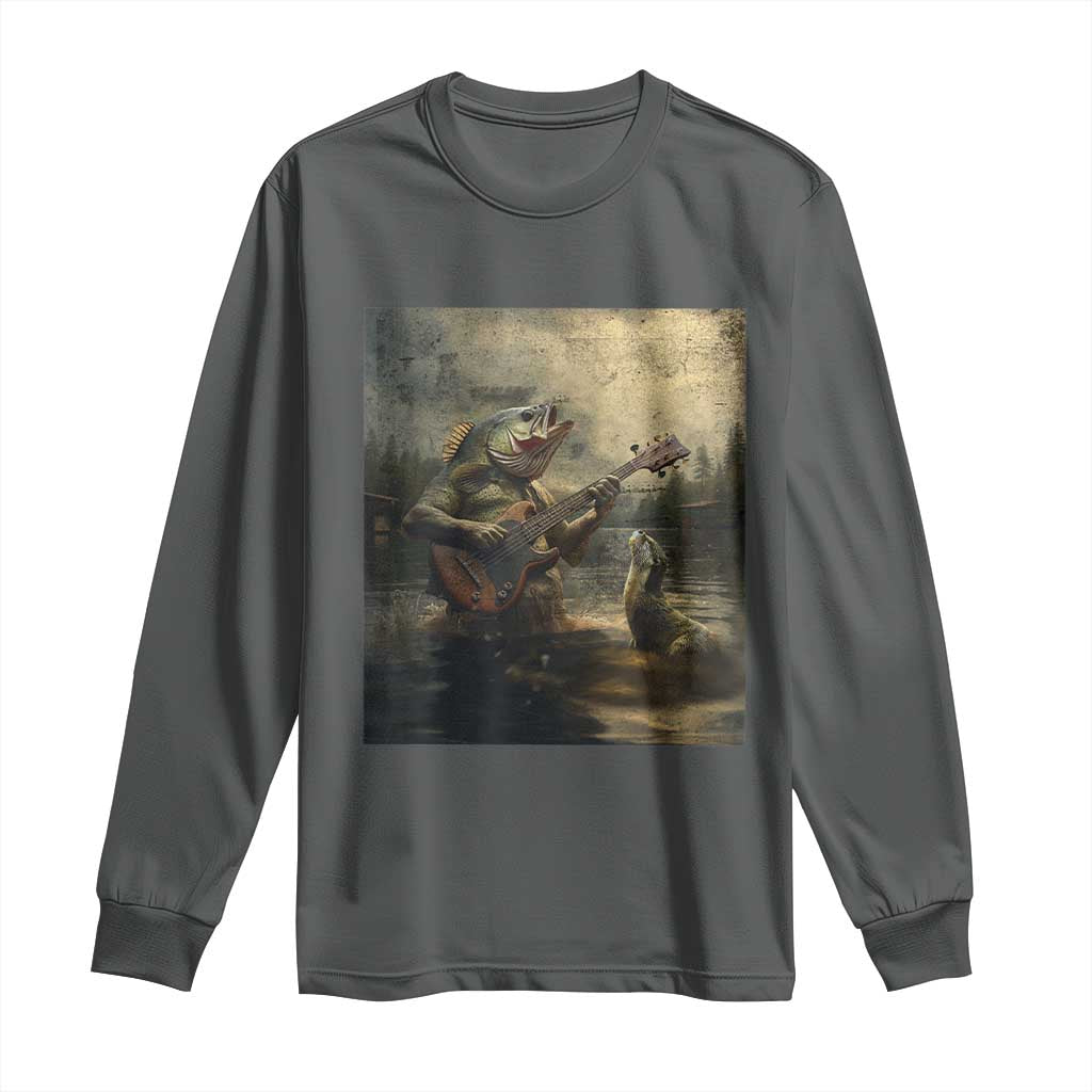 Weird Bass Fish Playing Bass Guitar Long Sleeve Shirt Funny Cursed Meme TS14 Dark Heather Print Your Wear